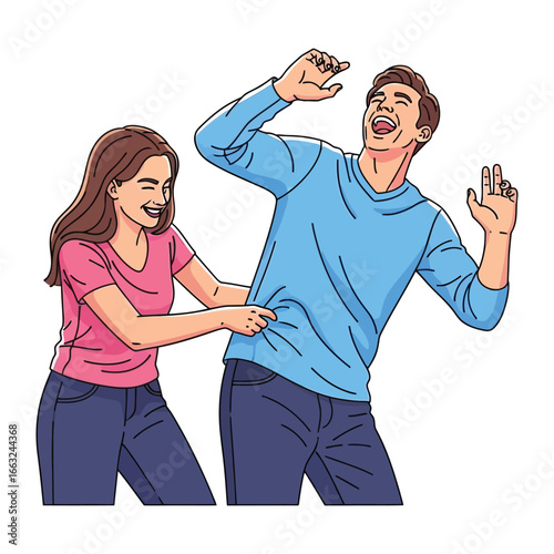  Ticklish Fun: Capturing a moment of pure joy, a vibrant illustration of a woman playfully tickling a laughing man, bringing to life feelings of laughter and happiness.