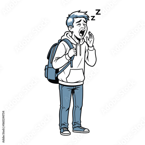 Tired Student Yawns with Zzz's: A young student, burdened by a backpack, yawns wide mid-day, exuding exhaustion in a classic illustration. 