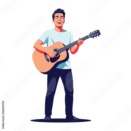 Melodic Expression: A joyful individual strums an acoustic guitar, his face alight with the pure pleasure of creating music, the instrument resonating a vibrant melody.