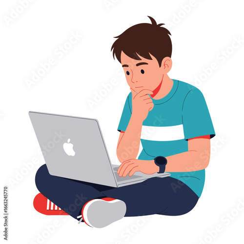 Digital Thinking: An illustration captures a young individual, deep in thought, engrossed in a laptop, embodying the modern quest for information and innovation.