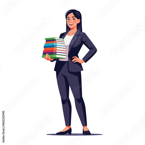Bookish Confidence: A professional woman stands confidently, arms holding a stack of books that signifies the knowledge and power that the books bring, conveying both intellect and approachability