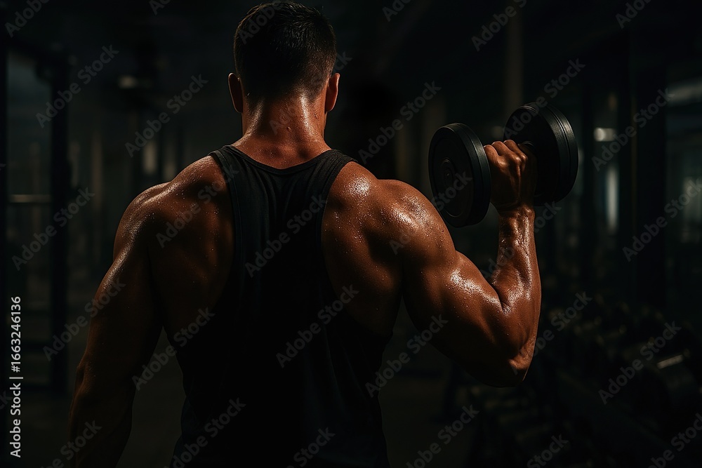 Fototapeta premium A muscular man lifting heavy dumbbells in a gym.