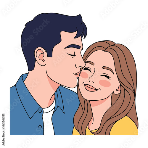 Intimate Embrace: A tender moment captured as a man gently kisses the cheek of a smiling woman, embodying the warmth and connection of affectionate relationships.