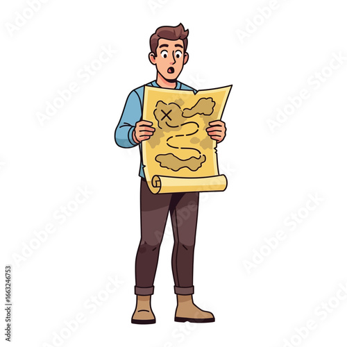 Intrigued Explorer: A young adventurer, map in hand, discovers hidden pathways marked with a big X, embarking on a quest, embodying exploration, adventure, and the pursuit of discovery.