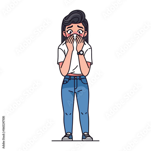 Sneezing Woman and Allergies: A lady, enveloped by a wave of allergy, grips a tissue in a gesture of unexpected sneezing