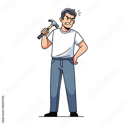 Frustration with a Hammer: A man is holding a hammer, his face is displaying a strong emotion while looking to the side. The image captures the man feeling anger, stress, and frustration.