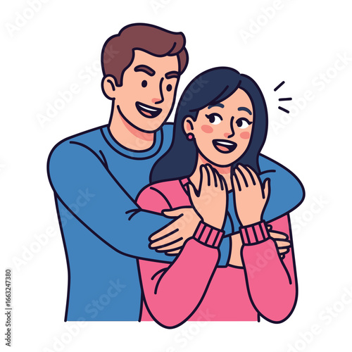 Embrace of Affection: A heartwarming illustration of a couple, the man embracing the woman from behind, his hands wrapped around her. Their smiles radiate genuine affection.