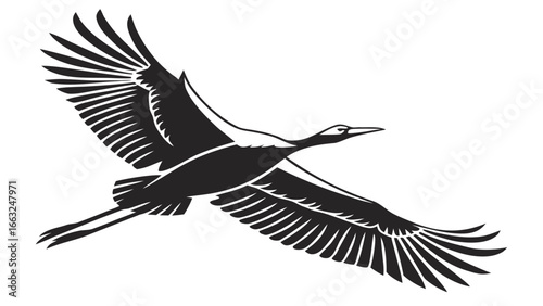 Black silhouette of a crane in flight with outstretched wings against a white background illustration created with generated ai