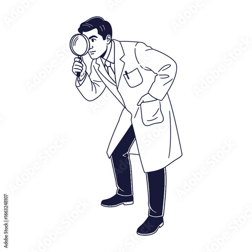 Scientist's Scrutiny: A dedicated scientist intently examines through a magnifying glass, focusing on research in a clean and organized laboratory.