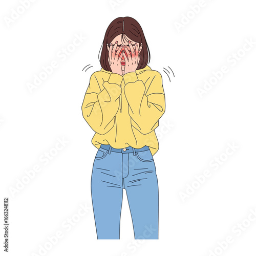 Emotions Revealed: The image portrays a young woman's face concealed by her hands, reflecting vulnerability and the weight of her feelings. Capturing the raw intensity of raw feelings.