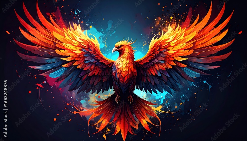 Fototapeta premium Fiery Phoenix Digital Art, Wings Spread Wide