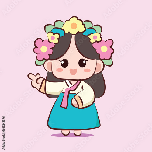 Adorable Cartoon Girl Wearing Traditional Korean Dress vector design