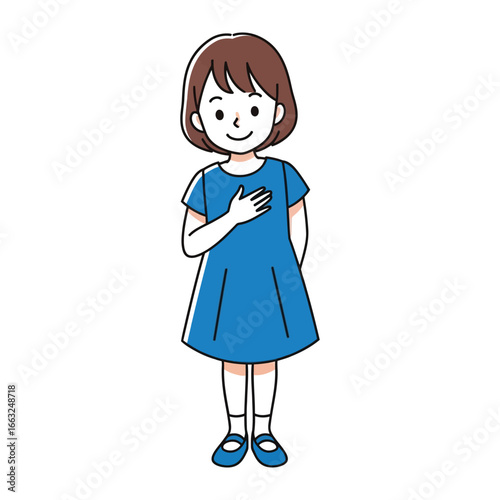 A Confident Gesture: A charming illustration depicts a young girl confidently placing her hand on her chest, conveying a sense of honesty and self-assurance.