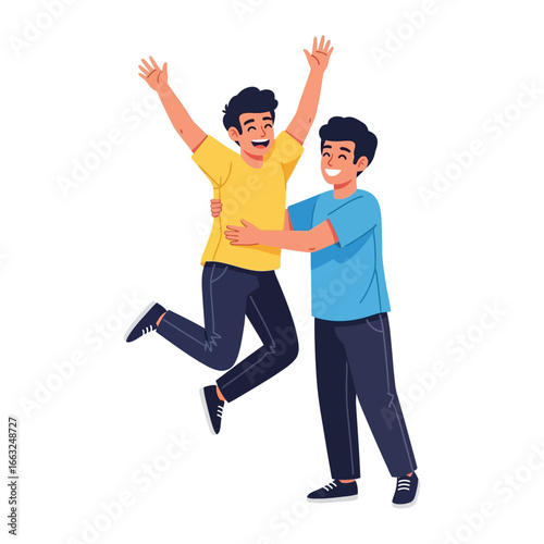 Rejoicing Duo: A vibrant illustration depicts two animated figures, one jubilantly leaping with arms outstretched, embraced in a hug of pure camaraderie.