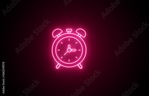 Neon Color pink Clock Icon on black background. Bright Clock icon showing o'clock in the morning icon. Neon timeline icon, simple speed up hr clock sign	