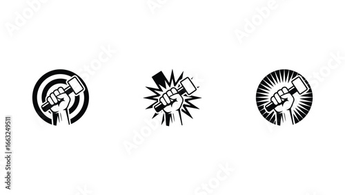 strength illustration with hand holding hammer and power revolution icons
