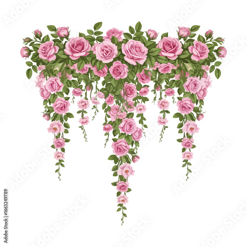 Cascading Pink Roses and Greenery Decorative Floral Arrangement Beautiful Elegant Design Ideal for Wedding Decor