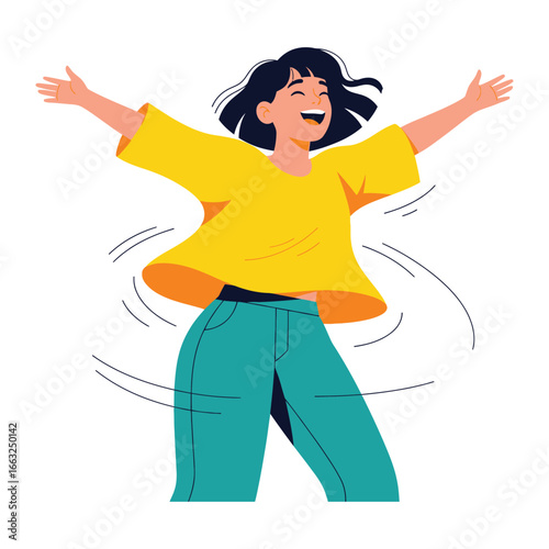 Joyful Spin: A spirited illustration portrays a woman in a joyous, whirling spin, arms outstretched, radiating pure delight. A symbol of carefree abandon and sheer happiness.