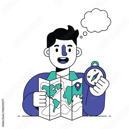 The Explorer's Thought: A modern illustration depicts a traveler with a map and compass, his thoughts captured in a minimalist cloud bubble. Ready for adventure.