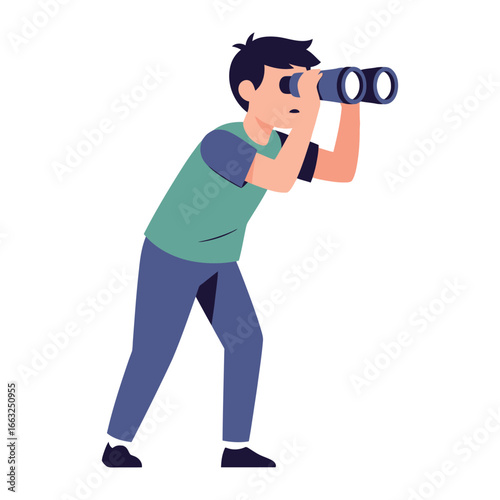 Exploration Through the Lens: An illustrated individual holds binoculars to his eyes, engaging in a moment of discovery, contemplation, and exploration with a neutral backdrop. 