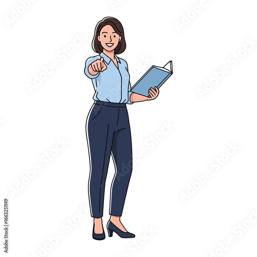 Focused Direction: An enthusiastic businesswoman, pen in hand, offers a direct gesture. She is poised, looking towards something.