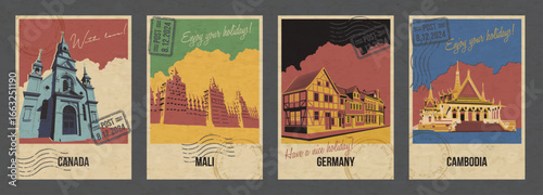 Countries Main Attractions and Landmarks. Royal Palace of Cambodia, German Half-Timbered Houses, Canada Chapel Montreal, Mali Great Mosque Illustrations. Vector Retro Style Greeting Cards, Aged Paper 