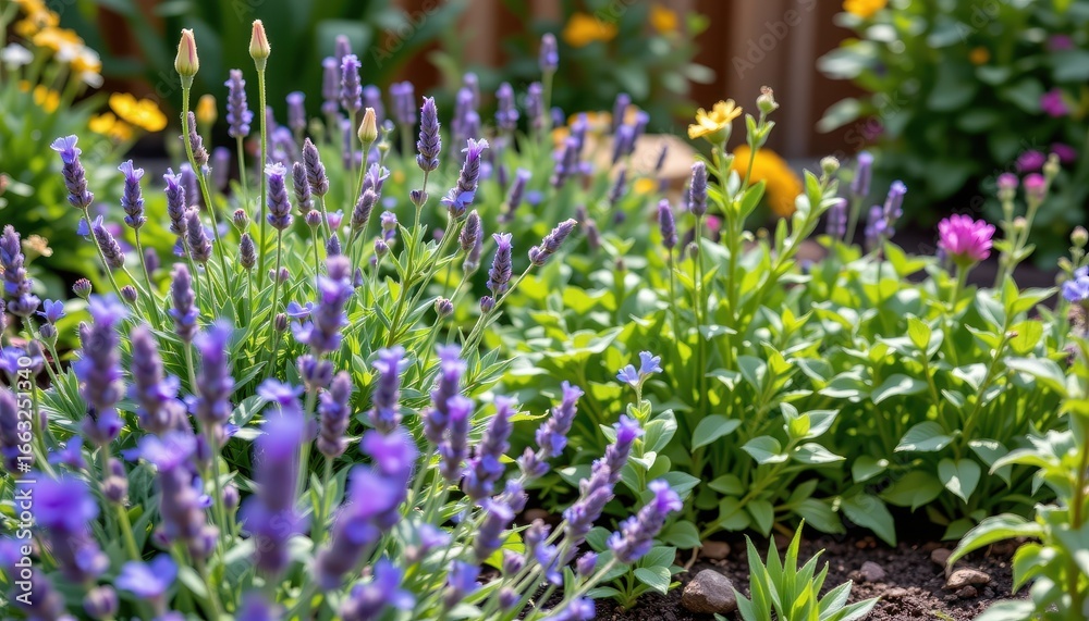 Fototapeta premium a backyard herb garden with lavender, lemon balm, and basil producing gentle aroma and soft textures creating peaceful tranquil relaxing outdoor atmosphere