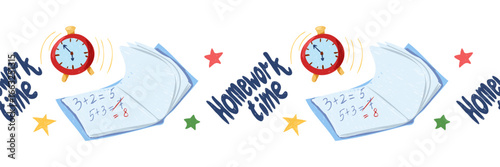 Seamless doodle border with workbook, alarm clock and lettering homework time. Hand drawn illustration for washi tape, adhesive tape, scrapbooking, journaling and stationery design