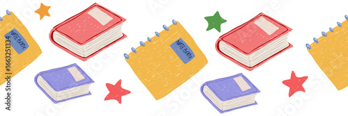 Seamless childlike doodle border with books. Hand drawn illustration for washi tape, adhesive tape, scrapbooking, journaling and stationery design