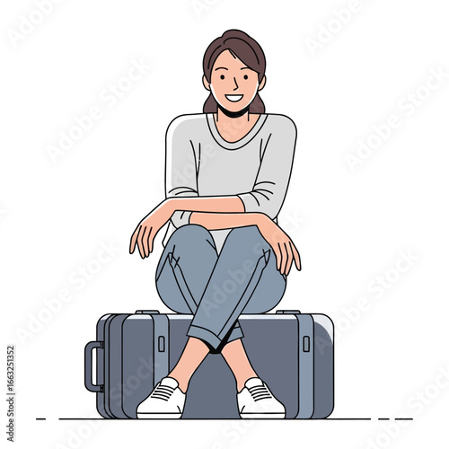 Restful Journey: A young woman sits atop a closed suitcase, exuding anticipation and rest, her pose suggests she is ready for her destination. 