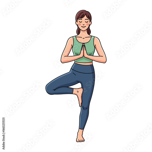 Balance and Calm: A woman in a yoga pose, embodying serenity and mindfulness, practices in the open air, finding her inner peace and physical stability through focused exercise.
