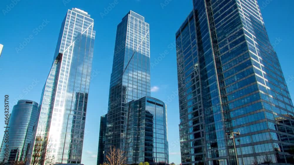 A stunning view of modern skyscrapers reflecting blue skies, embodying urban architecture and contemporary design. A stunning view of modern skyscrapers reflecting blue skies, embodying urban architecture and contemporary design.