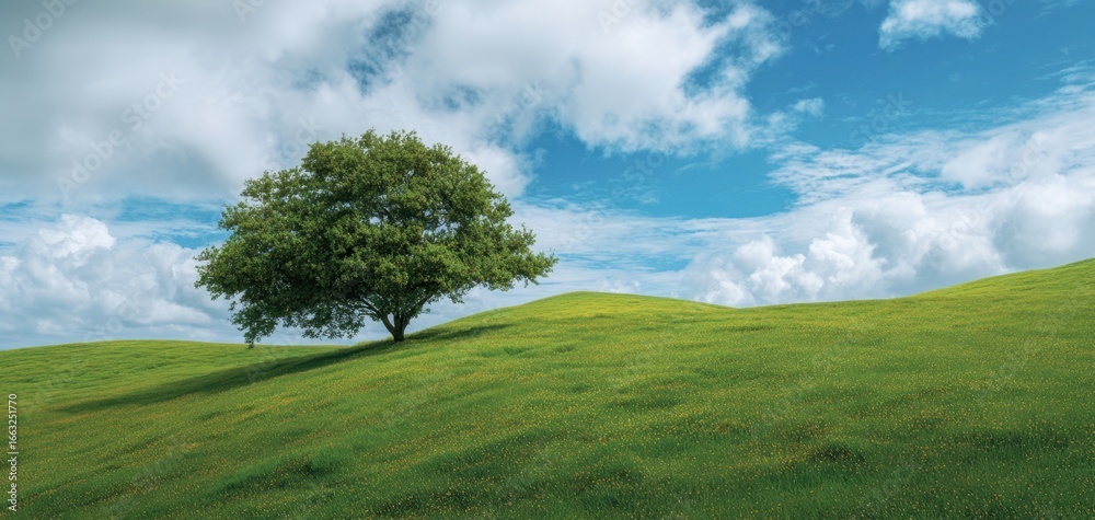 Fototapeta premium The Majestic Tree Standing Alone on a Lush Green Hill