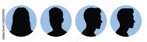Four black silhouette icons of diverse people's heads and shoulders, including a woman and men, against light blue circular backgrounds.