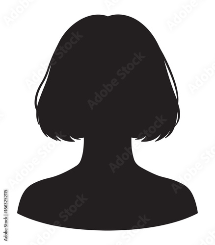 A black silhouette of a woman's head and shoulders with a short bob hairstyle, representing a person or user profile.