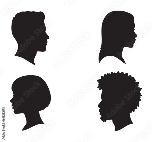 Four distinct side profile silhouettes of diverse individuals, showcasing different hairstyles and features.