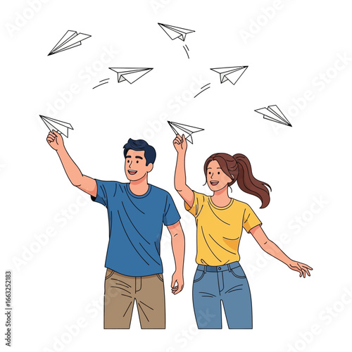 Paper Airplane Skyward: A moment of carefree bliss is captured as a cheerful duo joyfully launches paper airplanes into the boundless blue, embodying the essence of imagination and freedom. 