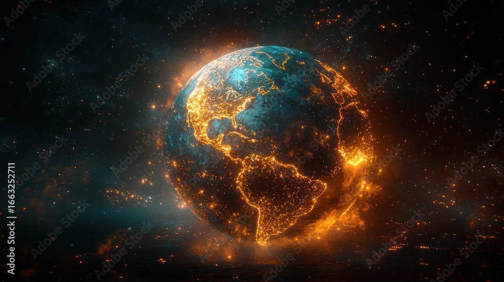 Obraz premium Burning Earth in Space, dramatic cosmic scene, possible use for environmental awareness