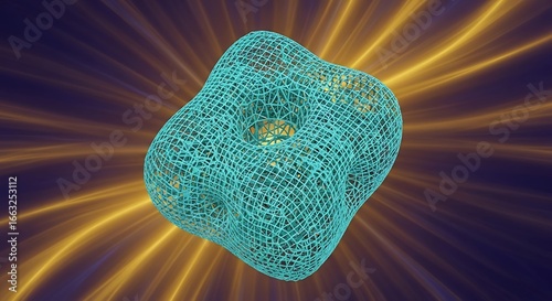 Abstract 3D Geometric Shape in Teal and Gold Rays.