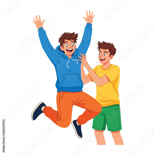 Joyful camaraderie: Two young friends joyfully engage in a leap of triumph, bathed in the light of a warm, friendly atmosphere, celebrating shared moments.