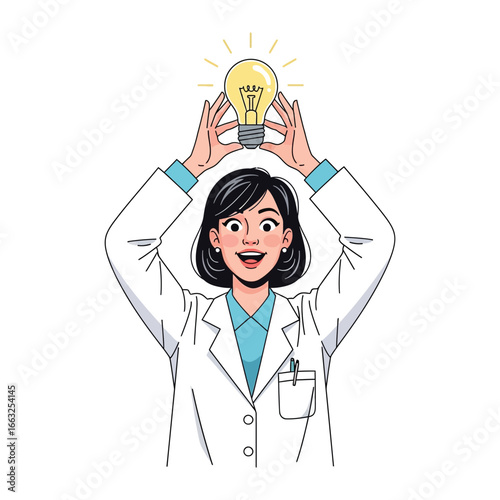 Brilliant Revelation: An enlightened woman in a lab coat beams as a glowing light bulb hovers above her head, perfectly embodying the spark of innovation and scientific ingenuity.