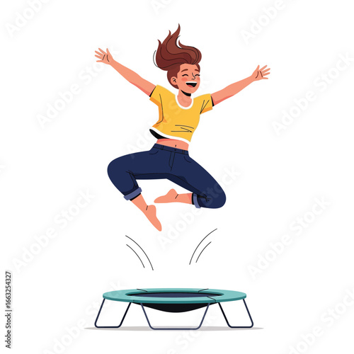 Joyful Trampoline Bounce: A young woman leaps into the air, her radiant smile and uplifted arms reflecting pure elation as she enjoys a carefree bounce on a trampoline.