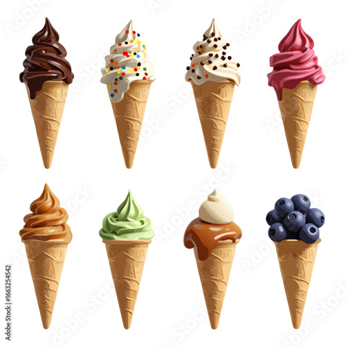 Set of 8 delicious ice cream cones with different flavors on transparent background. Perfect for food design, menu, packaging, summer promotion, or digital artwork.