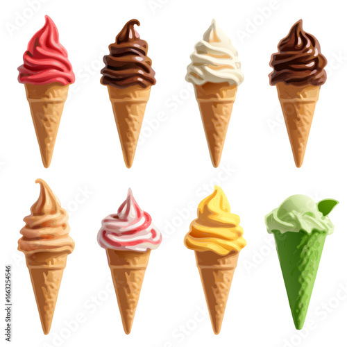Set of 8 delicious ice cream cones with different flavors on transparent background. Perfect for food design, menu, packaging, summer promotion, or digital artwork.