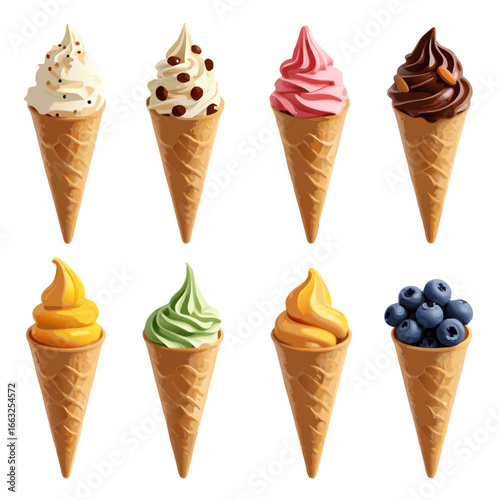 Set of 8 delicious ice cream cones with different flavors on transparent background. Perfect for food design, menu, packaging, summer promotion, or digital artwork.