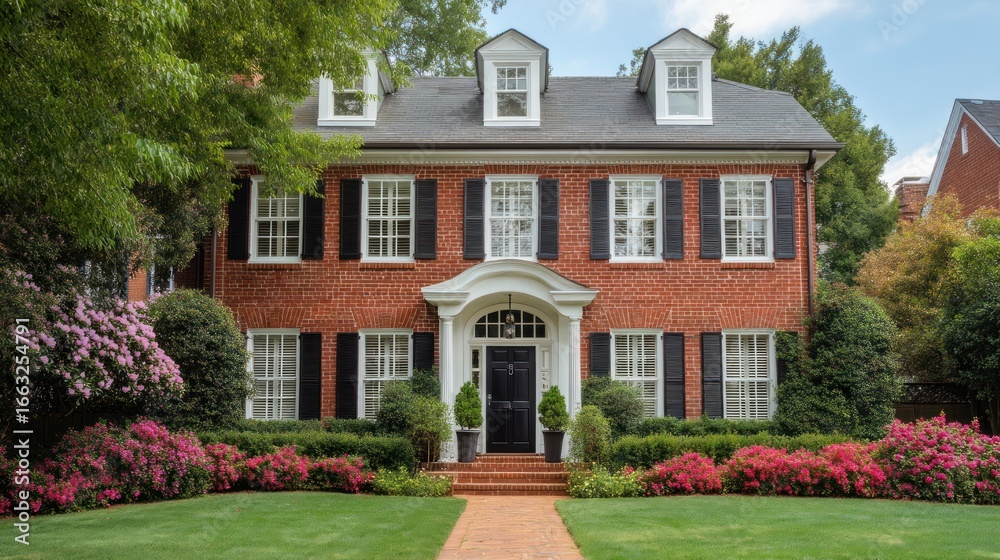 Obraz premium Red brick home exterior with white windows