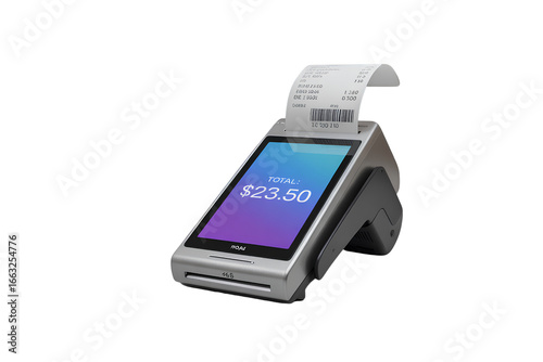 3D Rendered Point of Sale Terminal Printing Receipt, Front View, Isolated on Transparent Background
