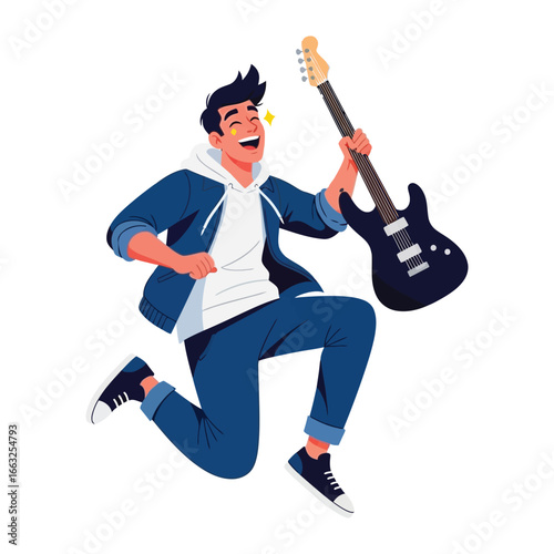 Energetic Melodic Groove: An illustration of a joyful individual, passionately immersed in playing a guitar, embodying the vibrancy of music. 