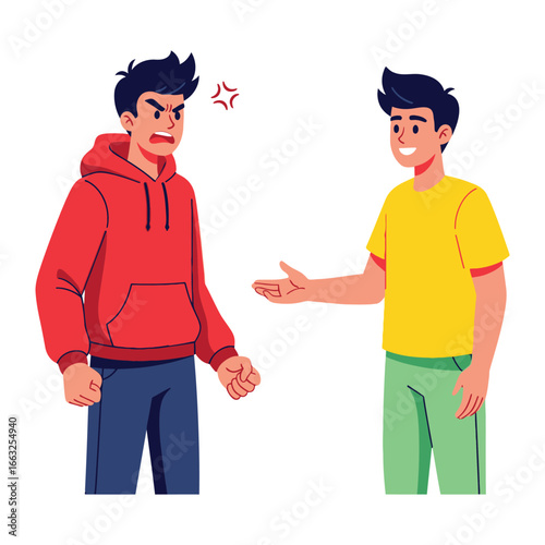 Conflict Resolution: Depicting a tense moment with cartoon illustrations, showing an angry individual in red and a calm individual gesturing, suitable for themes like conflict, understanding.