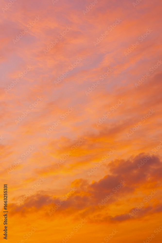 Fototapeta premium Vivid colorful sunset sky with orange yellow and pink clouds, dramatic evening cloudscape with bright warm tones in nature background